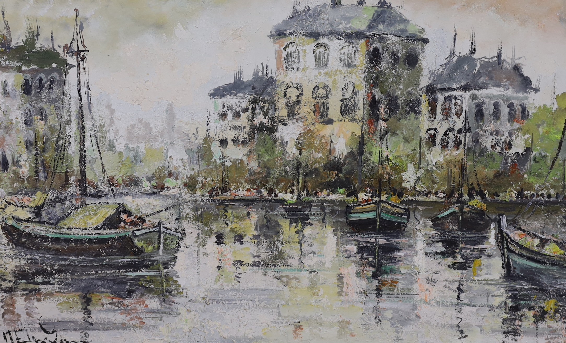 Dutch School, 20th century, oil on board, Amsterdam, signed, 60 x 99cm